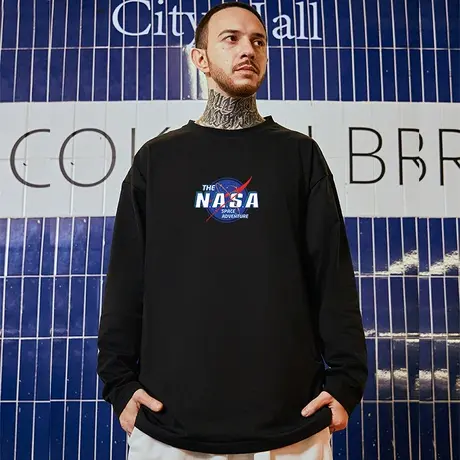 国潮嘻哈潮牌nasa联名胖子t恤男潮流宽松大码男装体恤长袖春夏季商品大图