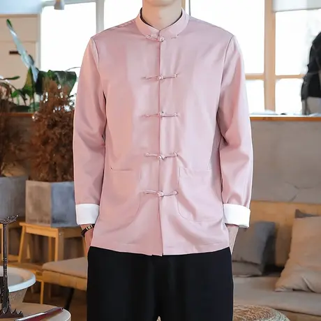 中国风长袖衬衫男古风盘扣茶服立领复古大码宽松禅服粉红色打底衫图片
