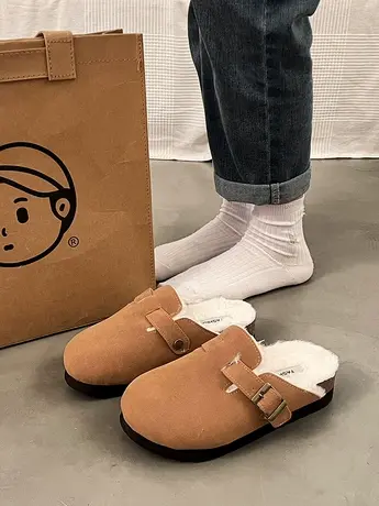 厚底勃肯鞋女加绒包头半拖鞋2023新款冬季博肯毛毛拖鞋外穿棉拖鞋商品大图