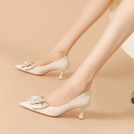 设计感小众蝴蝶结水钻高跟鞋女细跟2024春季新款气质百搭浅口单鞋商品大图