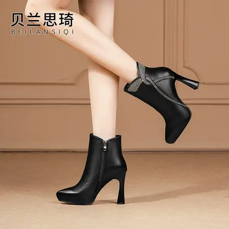 真皮水钻尖头厚底粗跟短靴女2023秋冬季新款优雅防水台高跟骑士靴图片