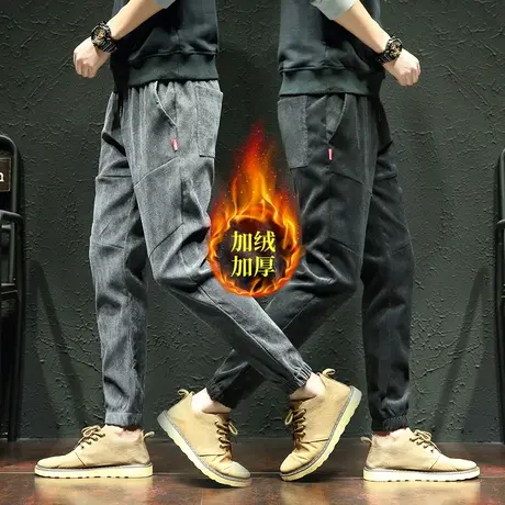 灯芯绒运动裤男士宽松束脚卫裤秋冬季加绒胖子大码针织休闲长裤子商品大图