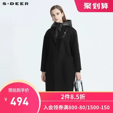 sdeer圣迪奥冬季高领连帽羽绒拼接撞色黑色毛呢大衣女S20481828👑图片