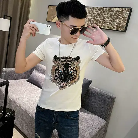 夏季男士t恤短袖修身半袖老虎图案个性快手休闲ins潮流圆领体恤图片