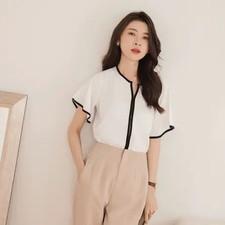 桔熊春夏季通勤简约不易皱V领伞袖遮肉上衣女胖妹妹大码AB18283商品大图