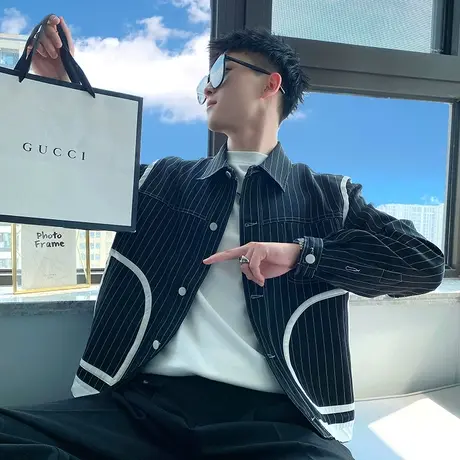 秋季是黑色休闲条纹长袖机车夹克网红潮牌潮流学生百搭ins男外套商品大图