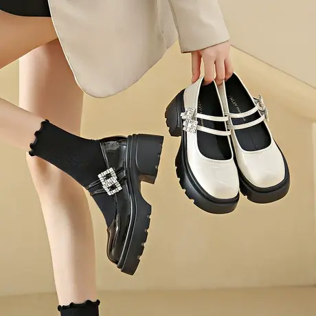 玛丽珍鞋女2024新款复古英伦风漆皮浅口单鞋配裙子高跟粗跟小皮鞋图片