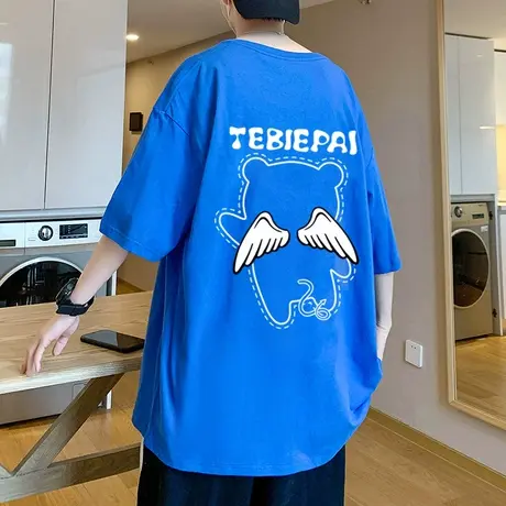 夏季宽松纯棉短袖T恤男潮流卡通小熊翅膀印花半袖港风情侣装上衣商品大图