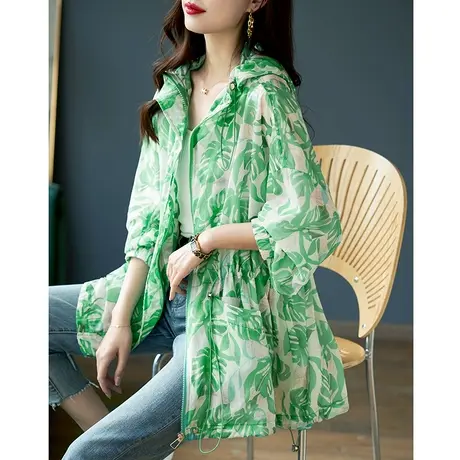 宝诗黎连帽印花中长防晒衫女宽松2024春季新款系带收腰长袖薄外套图片