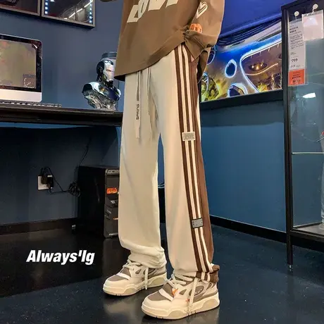 条纹贴标裤子男秋冬季潮牌设计感高街运动裤宽松直筒阔腿休闲长裤商品大图