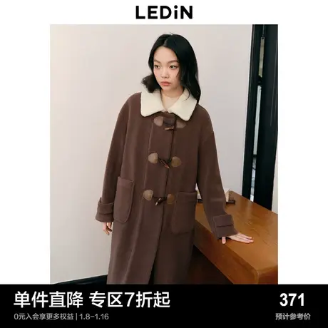 乐町复古简约牛角扣大衣女2023冬季新款美拉德风翻领宽松毛毛外套图片