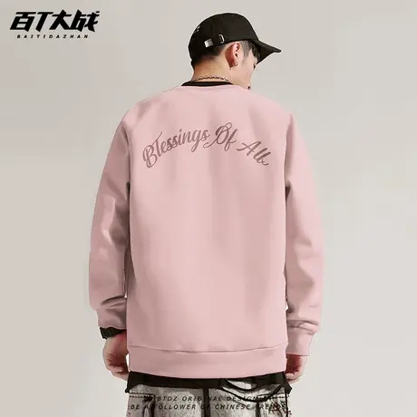 灰粉色男士加绒卫衣复古极简2024年春季新款时尚慵懒风情侣装衣服商品大图