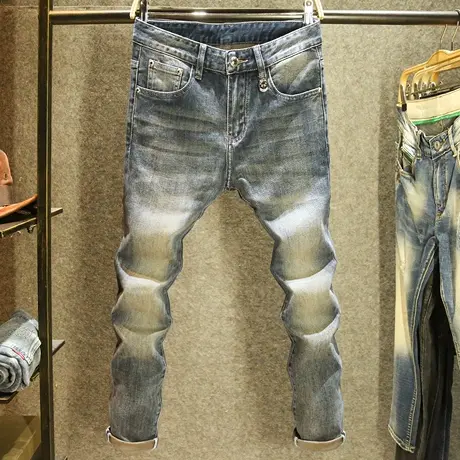 美式复古蓝男士牛仔裤弹力修身小脚2024春季高街潮牌水洗耐磨裤子商品大图