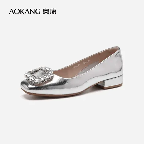 【门店发货】奥康女鞋 2024春季新款方扣水钻小众低跟浅口单鞋图片