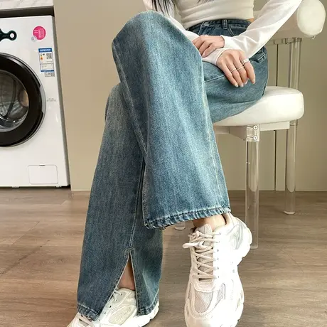 开叉高腰阔腿牛仔裤女春秋季2024新款显瘦宽松复古直筒阔腿拖地裤商品大图