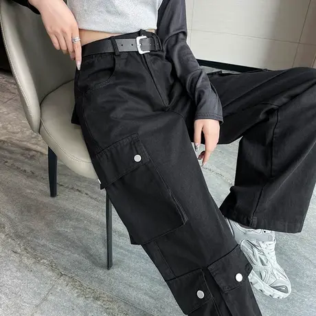 黑色工装裤女2024年春秋新款阔腿梨型身材显瘦高腰百搭直筒休闲裤商品大图
