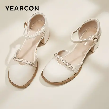 意尔康女鞋夏季玛丽珍包头凉鞋粗跟高跟外穿法式仙女风一字式扣带图片