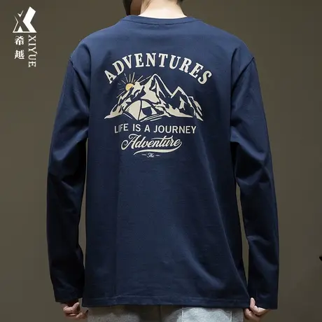 希越2024春季新款长袖T恤男士宽松大码美式百搭藏青色圆领打底衫商品大图