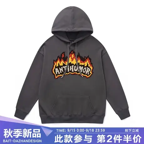 美式高街连帽卫衣情侣款宽松复古小众火焰字母oversize帽衫男女潮商品大图