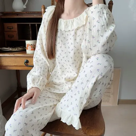 日系卡通婴儿棉纱布睡衣女秋冬季长袖长裤双层纱布套装家居服商品大图