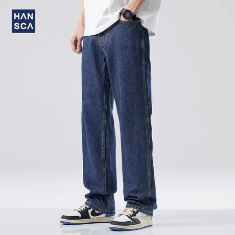 hansca春季新款宽松直筒牛仔裤男美式水洗蓝色大码百搭宽松长裤子商品大图