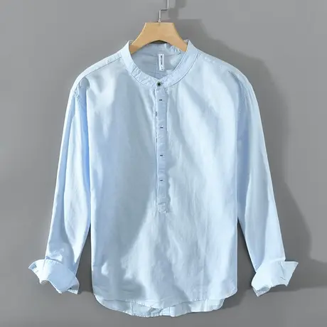 棉麻休闲衬衫男白色衬衣男士套头圆领春秋款高级感外套宽松长袖潮商品大图