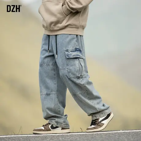 男士松紧腰工装牛仔裤男春季直筒宽松蓝色裤子美式高街2024年新款商品大图