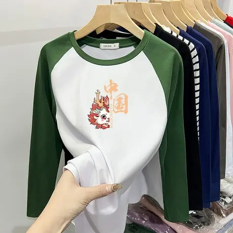 2024早春新款撞色t恤女纯棉插肩袖设计感超火ins潮上衣秋休闲韩版商品大图