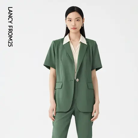 LANCY/朗姿夏季新款绿色短袖西装外套女宽松气质通勤上衣图片