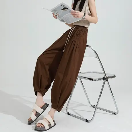 阔腿束脚直筒哈伦裤女春夏新款高腰宽松显瘦松紧腰抽绳休闲灯笼裤商品大图