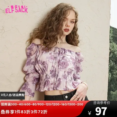 妖精的口袋一字领玫瑰印花雪纺衫女2023夏季新款收腰显瘦纯欲甜美图片
