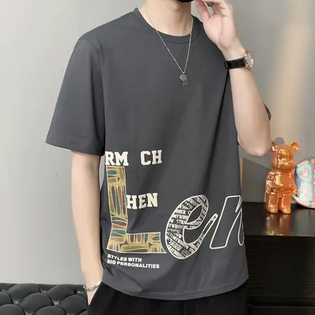 短袖t恤男2023夏季新款潮牌宽松纯棉上衣青少年字母印花半袖体恤商品大图