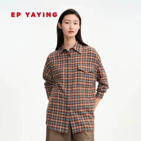 EP雅莹女装 纯羊毛撞色休闲直筒格纹衬衫 商场同款2110A图片