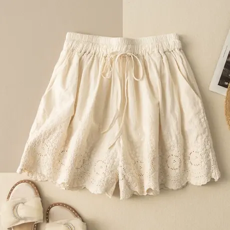 享永子刺绣花边全棉短裤夏宽松百搭抽绳收腰绣花双层裙裤2023新款商品大图