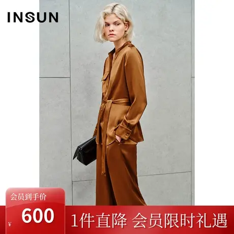 恩裳2023秋新款仿醋酸缎焦糖色泡泡肌理美拉德女装休闲裤商品大图