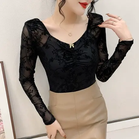复古植绒印花T恤女长袖性感V领网纱上衣气质修身显瘦打底衫春秋款图片