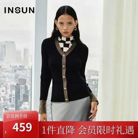 恩裳COVER2023秋新款优雅V领质感金色扣式袖口撞色开叉修身针织衫商品大图