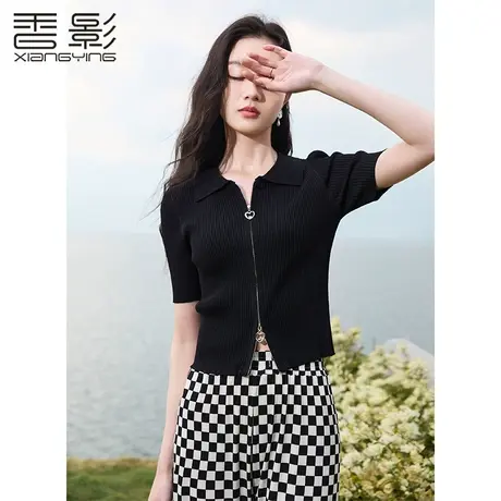香影polo领针织衫短款2023新款短袖t恤拉链开衫修身黑色上衣女夏商品大图