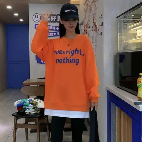 假两件长袖卫衣女2023年秋季洋气减龄后背卡通印花宽松设计感上衣商品大图