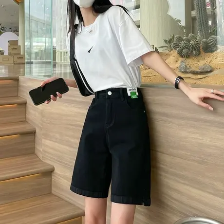 黑色牛仔短裤女五分夏季2023年薄款高腰宽松显瘦ins直筒5分中裤潮图片