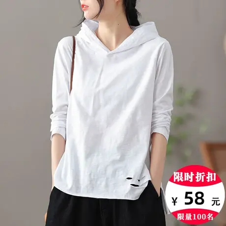 dza复古短款破洞连帽长袖t恤女士春秋新款宽松内搭打底衫漂亮上衣商品大图