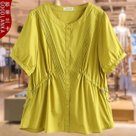 加肥加大码中年妈妈夏装衬衫女宽松洋气时尚收腰显瘦纯棉短袖上衣商品大图