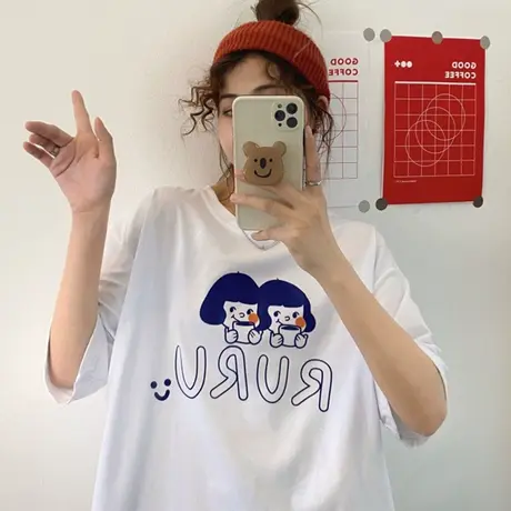 美式复古短袖t恤女夏季纯棉宽松韩版ins设计感小众chic港味上衣服商品大图