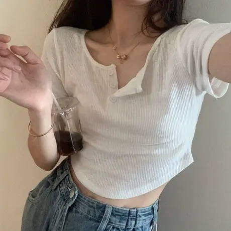 法式别致设计感小众纯欲风显胸大短袖t恤女甜辣露脐ins潮短款上衣商品大图