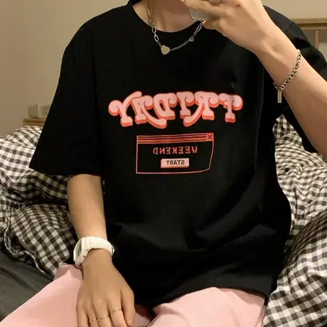 红续~字母温柔风粉粉嫩嫩可爱宽松百搭圆领纯棉短袖T恤女ins上衣商品大图