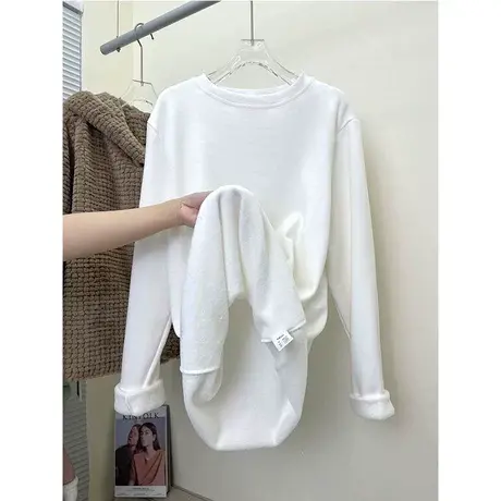 磨毛秋冬百搭T恤叠穿长袖上衣女宽松圆领加绒内搭打底衫上衣服潮图片