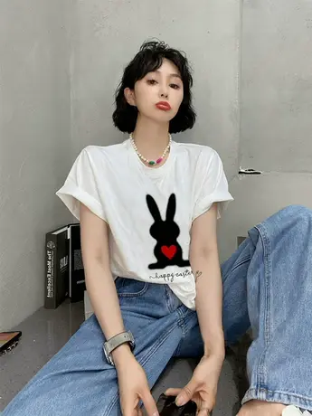 2023春秋季新款韩版宽松显瘦休闲百搭兔子印花圆领短袖T恤上衣女商品大图