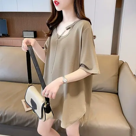 小众设计感短袖t恤女夏季韩版宽松大码中长款正肩小心机u领上衣图片