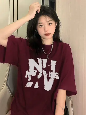 酒红色纯棉短袖t恤女夏季美式复古潮牌小个子宽松设计感小众上衣商品大图