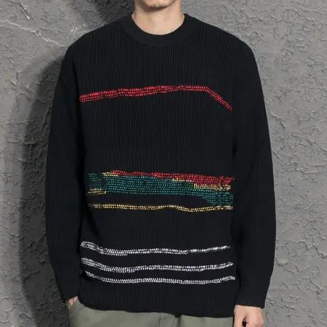 彩色条纹刺绣小众设计感黑白撞色宽松潮牌韩版慵懒极简风毛衣男潮商品大图